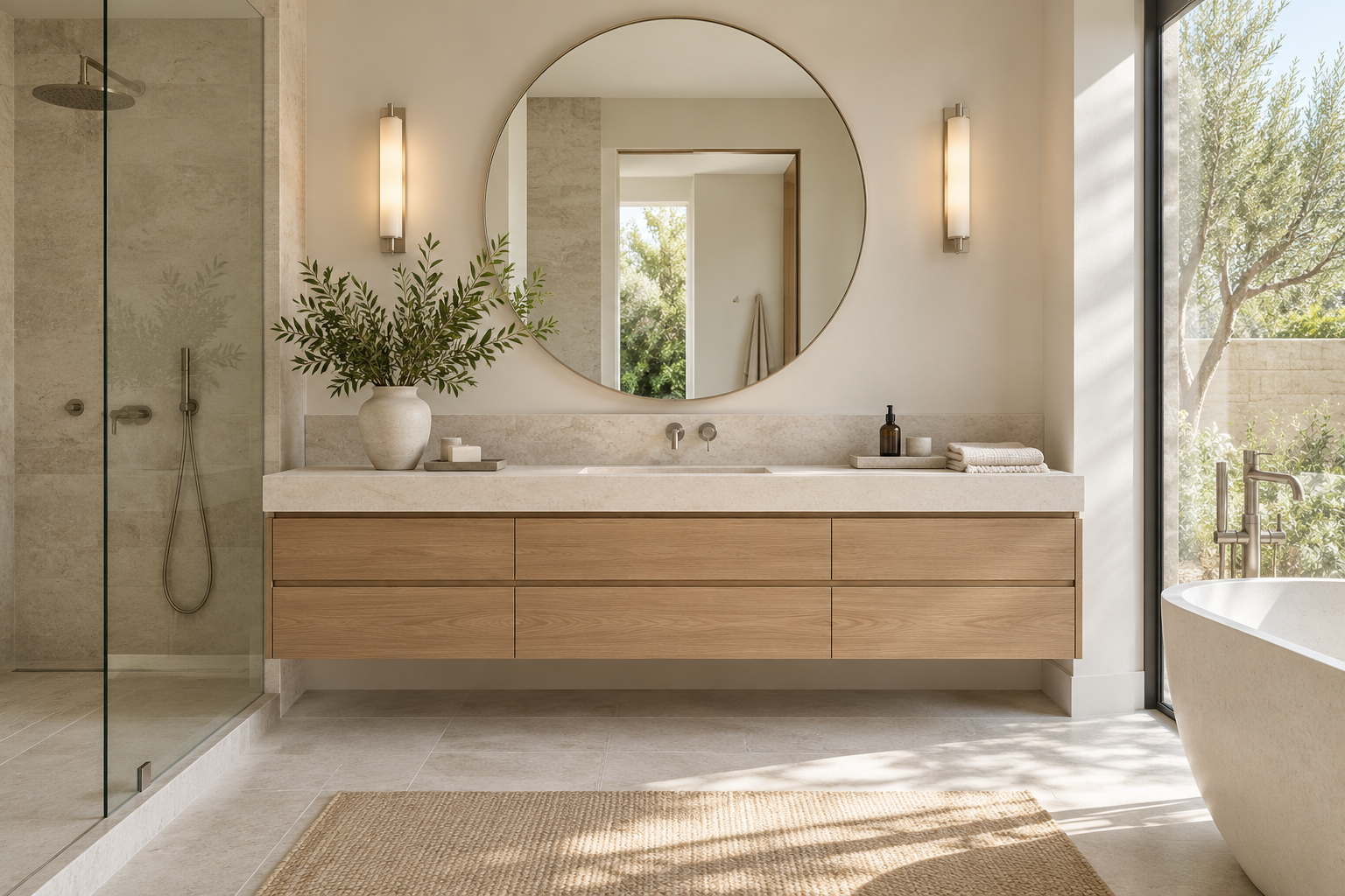 Doğal taş tezgâhlı meşe banyo dolabı