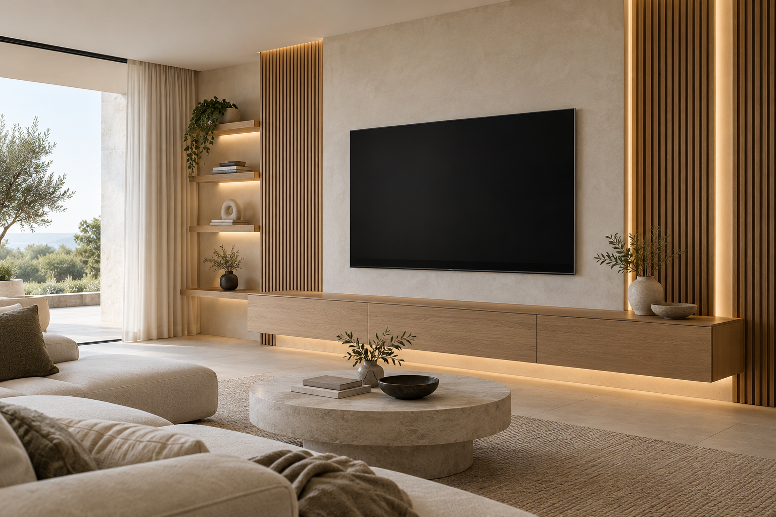 Ahşap panelli modern TV ünitesi